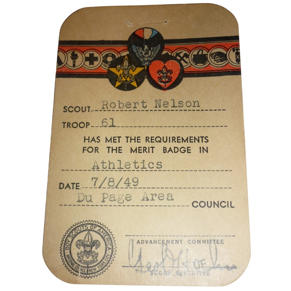 Vintage 1949 Boy Scouts‎ BSA Athletics Merit Badge Card Du Page Area Council T61